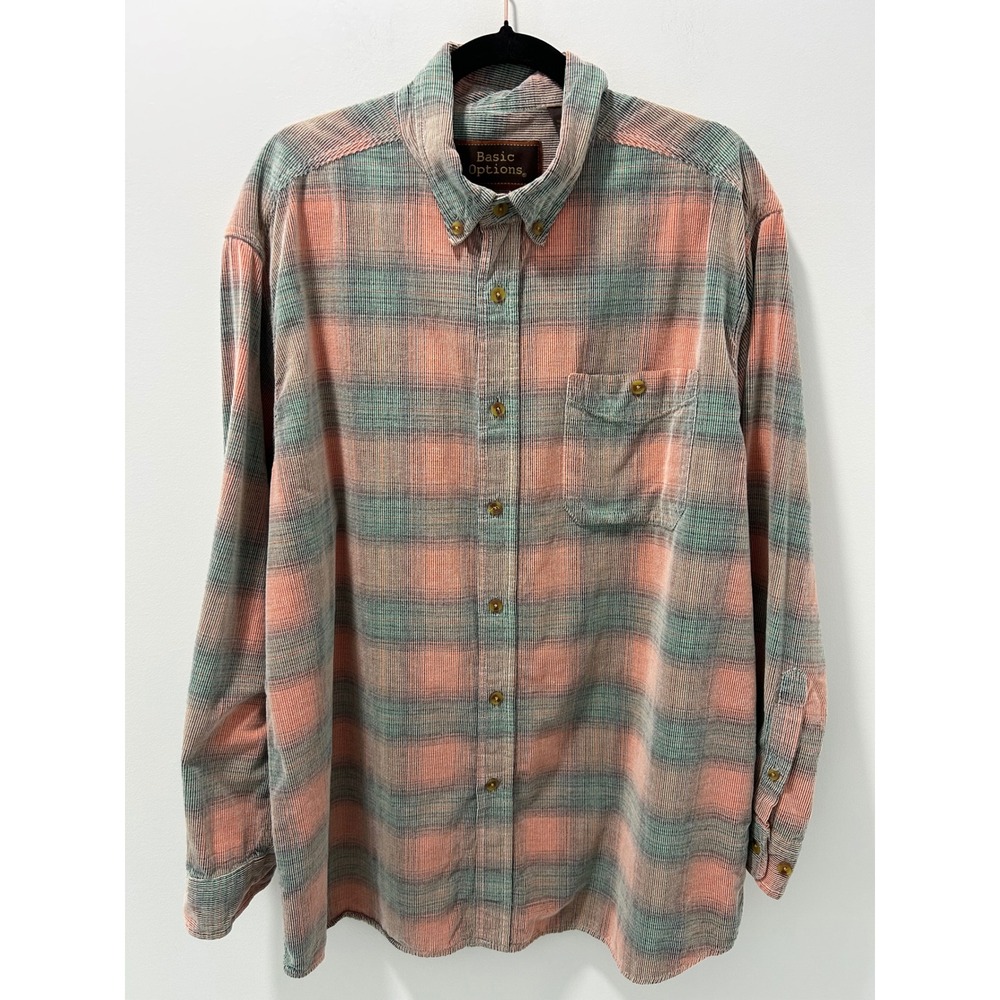 Basic Options Mens XL Corduroy Button Down Shirt Plaid Orange Green Long Sleeve